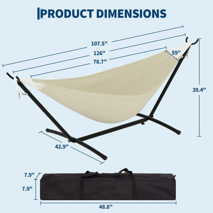 Portable 2 Person Hammock with Heavy-Duty Steel Stand, 450 Lbs Capacity Double Hammock, Space-Saving Structure with Carrying Bag, Versatile for Indoor, Outdoor, Patio, Lawn & Garden Use, Patio Furniture