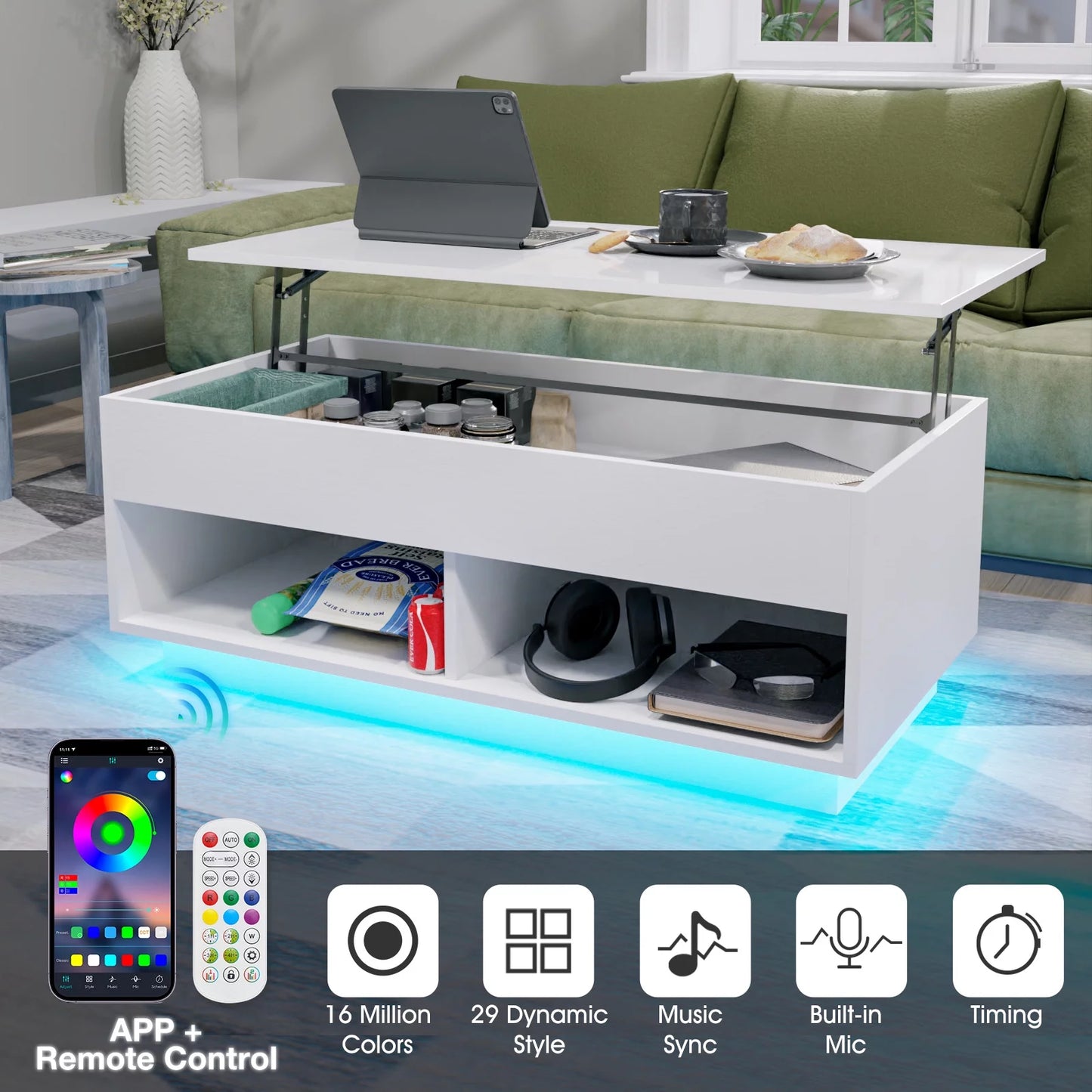 Mesa De Centro Elevable Con Compartimento Oculto, Mesa De Centro Blanca De Alto Brillo, Mesa De Cóctel Elevable Central Para Sala De Estar, Mueble Decorativo