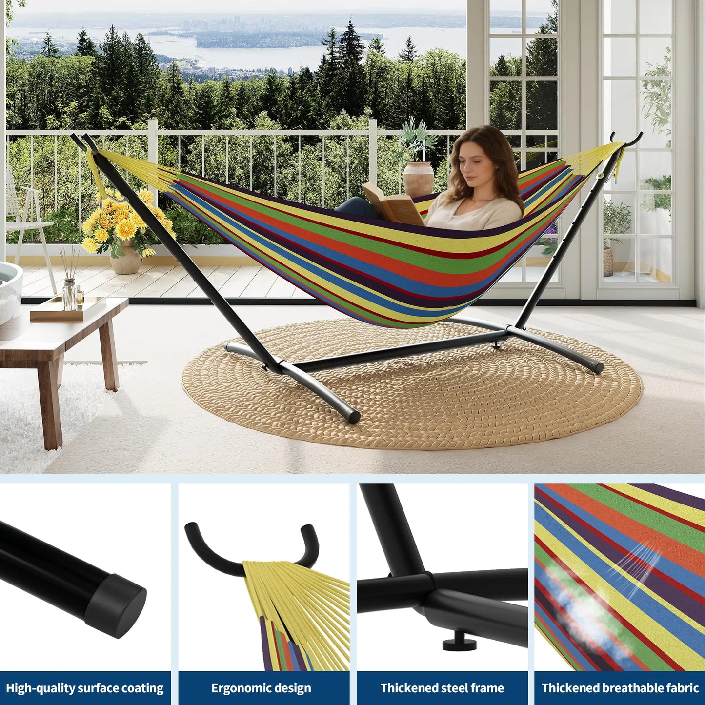 Portable 2 Person Hammock with Heavy-Duty Steel Stand, 450 Lbs Capacity Double Hammock, Space-Saving Structure with Carrying Bag, Versatile for Indoor, Outdoor, Patio, Lawn & Garden Use, Patio Furniture