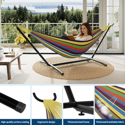 Portable 2 Person Hammock with Heavy-Duty Steel Stand, 450 Lbs Capacity Double Hammock, Space-Saving Structure with Carrying Bag, Versatile for Indoor, Outdoor, Patio, Lawn & Garden Use, Patio Furniture