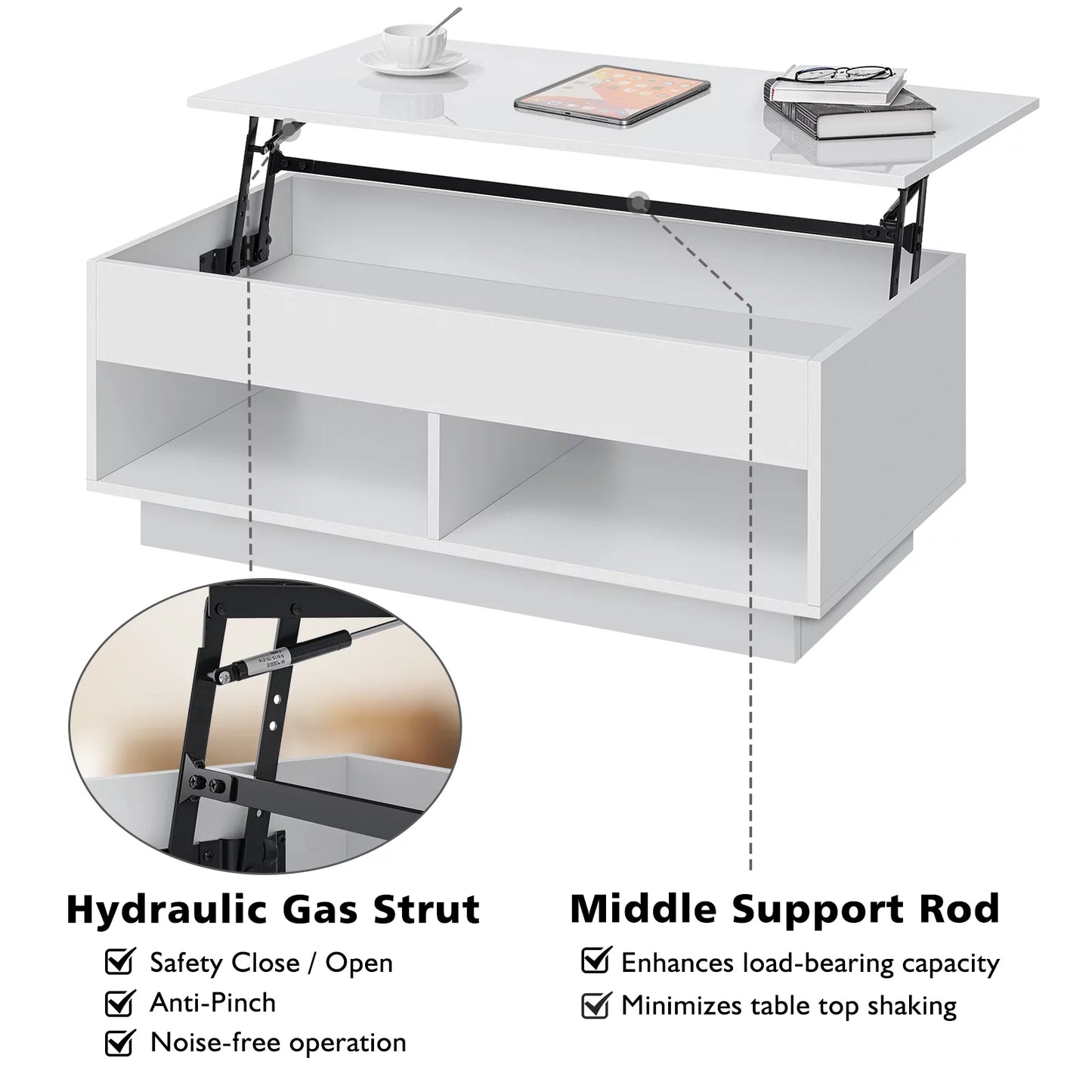 Mesa De Centro Elevable Con Compartimento Oculto, Mesa De Centro Blanca De Alto Brillo, Mesa De Cóctel Elevable Central Para Sala De Estar, Mueble Decorativo