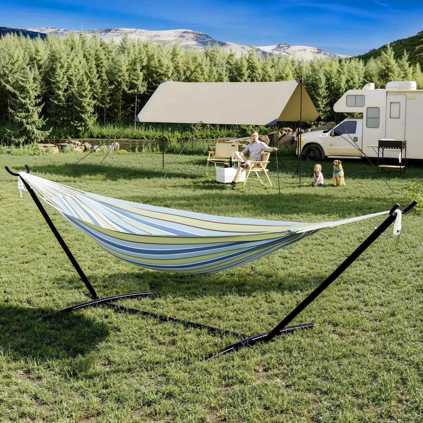 Portable 2 Person Hammock with Heavy-Duty Steel Stand, 450 Lbs Capacity Double Hammock, Space-Saving Structure with Carrying Bag, Versatile for Indoor, Outdoor, Patio, Lawn & Garden Use, Patio Furniture