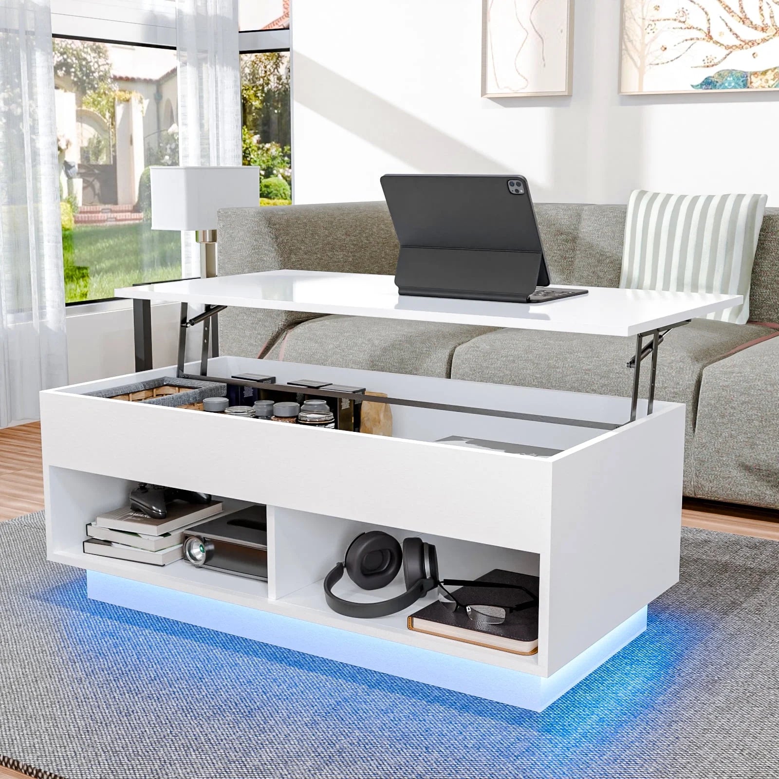 Mesa De Centro Elevable Con Compartimento Oculto, Mesa De Centro Blanca De Alto Brillo, Mesa De Cóctel Elevable Central Para Sala De Estar, Mueble Decorativo