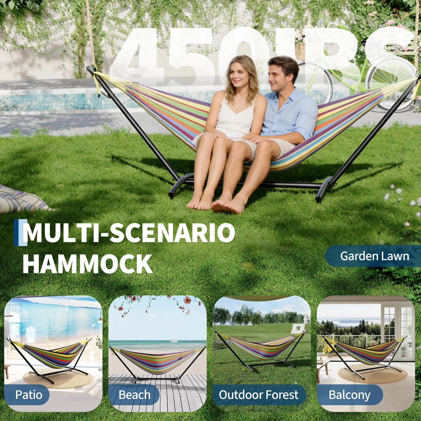 Portable 2 Person Hammock with Heavy-Duty Steel Stand, 450 Lbs Capacity Double Hammock, Space-Saving Structure with Carrying Bag, Versatile for Indoor, Outdoor, Patio, Lawn & Garden Use, Patio Furniture
