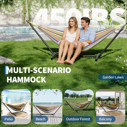Portable 2 Person Hammock with Heavy-Duty Steel Stand, 450 Lbs Capacity Double Hammock, Space-Saving Structure with Carrying Bag, Versatile for Indoor, Outdoor, Patio, Lawn & Garden Use, Patio Furniture