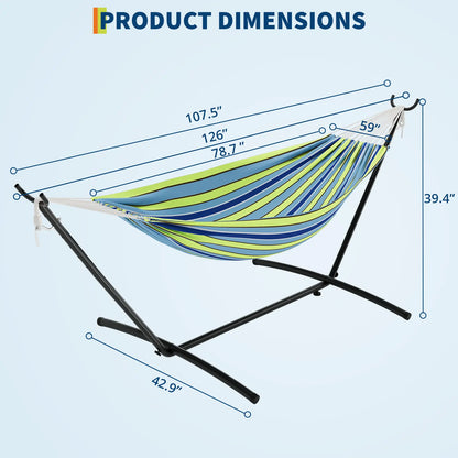 Portable 2 Person Hammock with Heavy-Duty Steel Stand, 450 Lbs Capacity Double Hammock, Space-Saving Structure with Carrying Bag, Versatile for Indoor, Outdoor, Patio, Lawn & Garden Use, Patio Furniture