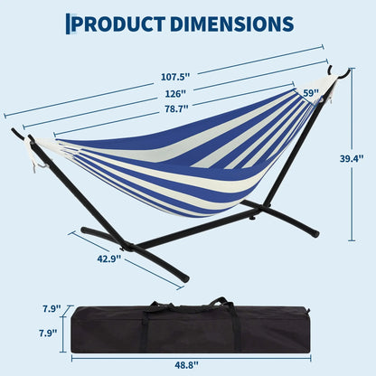 Portable 2 Person Hammock with Heavy-Duty Steel Stand, 450 Lbs Capacity Double Hammock, Space-Saving Structure with Carrying Bag, Versatile for Indoor, Outdoor, Patio, Lawn & Garden Use, Patio Furniture