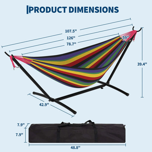 Portable 2 Person Hammock with Heavy-Duty Steel Stand, 450 Lbs Capacity Double Hammock, Space-Saving Structure with Carrying Bag, Versatile for Indoor, Outdoor, Patio, Lawn & Garden Use, Patio Furniture