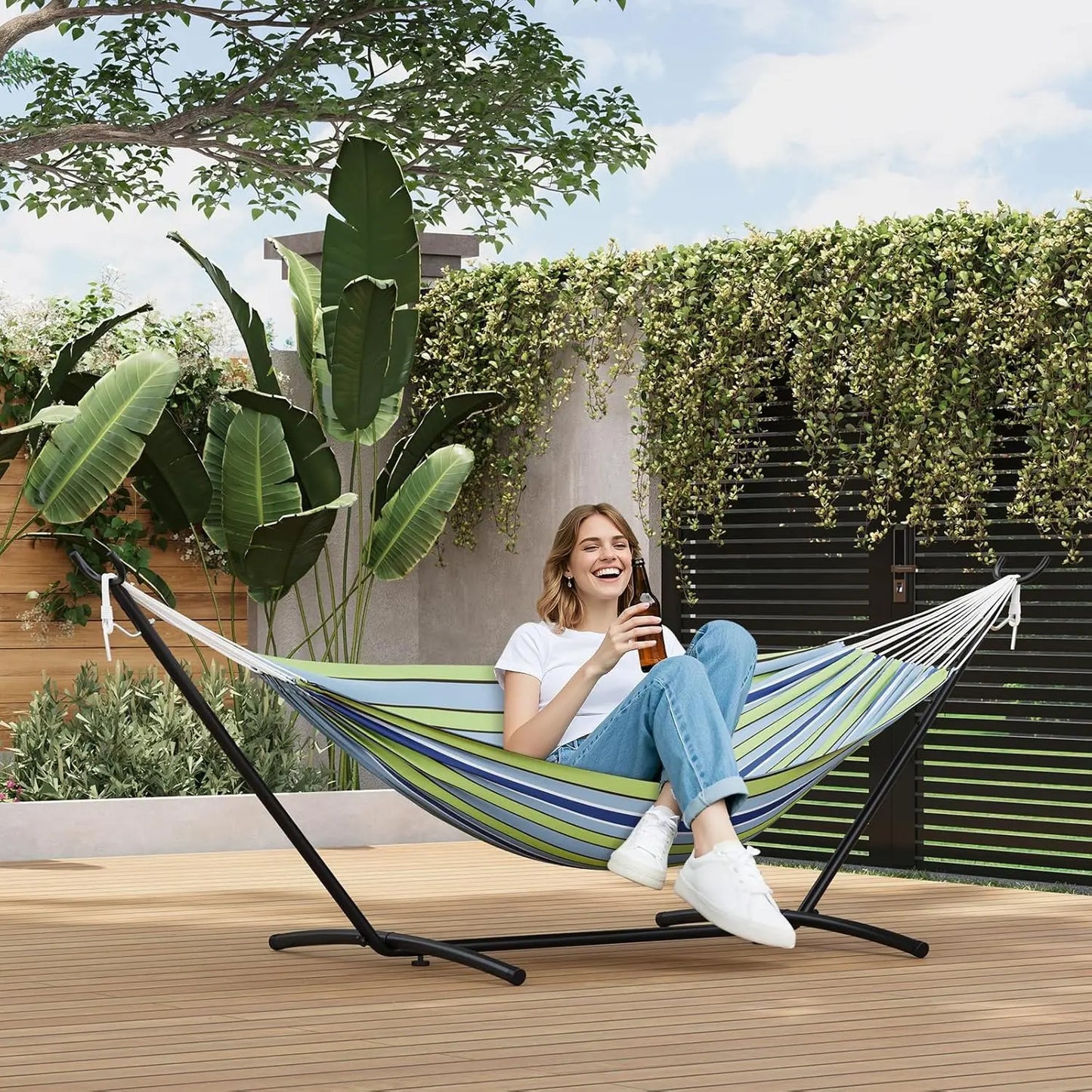 Portable 2 Person Hammock with Heavy-Duty Steel Stand, 450 Lbs Capacity Double Hammock, Space-Saving Structure with Carrying Bag, Versatile for Indoor, Outdoor, Patio, Lawn & Garden Use, Patio Furniture