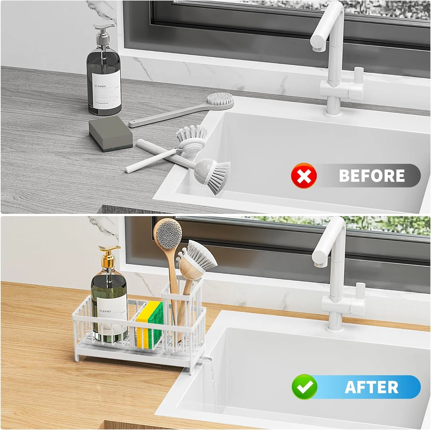 Sink Caddy,White Rust-Resistant Kitchen Organizer,Sponge Holder for Kitchen Sink
