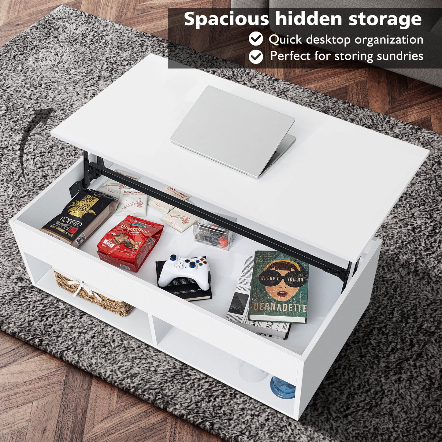 Mesa De Centro Elevable Con Compartimento Oculto, Mesa De Centro Blanca De Alto Brillo, Mesa De Cóctel Elevable Central Para Sala De Estar, Mueble Decorativo