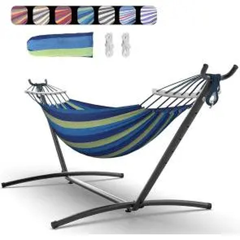 Portable 2 Person Hammock with Heavy-Duty Steel Stand, 450 Lbs Capacity Double Hammock, Space-Saving Structure with Carrying Bag, Versatile for Indoor, Outdoor, Patio, Lawn & Garden Use, Patio Furniture